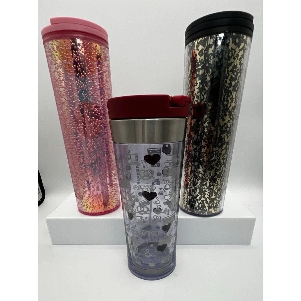 3 Starbucks Tumbler Lot 2009 Retro 12oz, 2 16oz Black Gold Foil & Pink Bubbles